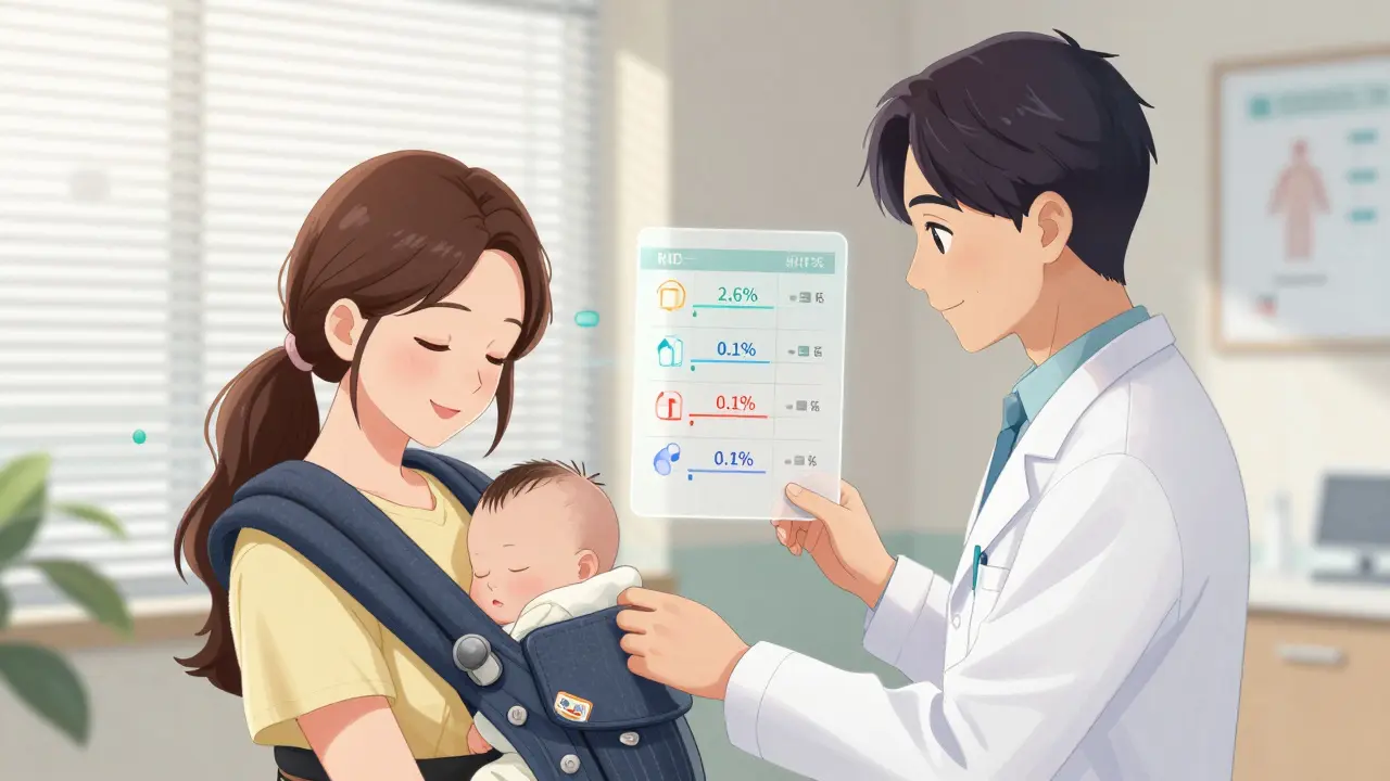 Lactation pharmacist guiding a new mother through a medication schedule with floating safety data.