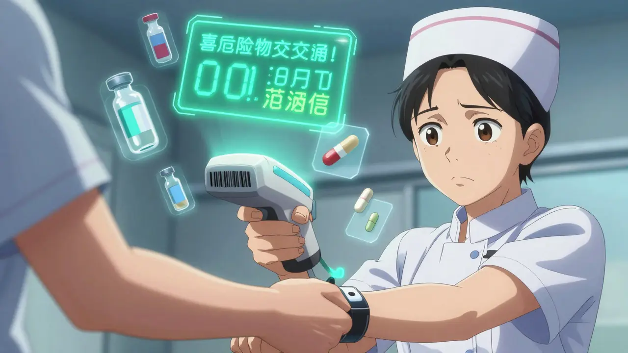 Nurse scanning a patient’s wristband with a digital alert warning of a dangerous drug interaction.