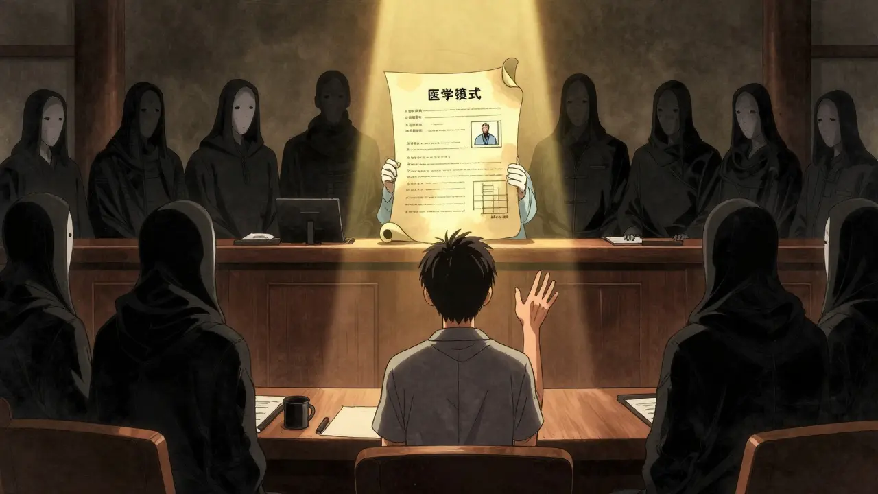 Patient facing faceless insurance tribunal as medical documents glow with golden light.