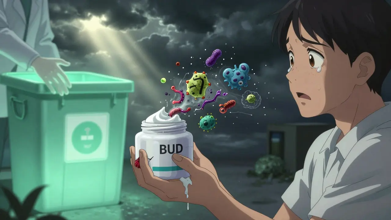 Patient holding expired compounded cream as it decays, pharmacy take-back bin glowing with safety light in background.