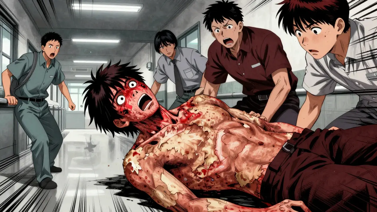 Patient with peeling skin and blisters collapsing in hospital, medical staff rushing.