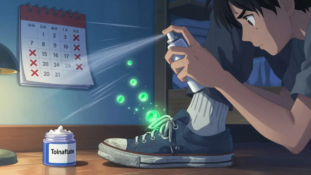Person spraying antifungal spray into sneakers, glowing fungal spores rising from the shoe.