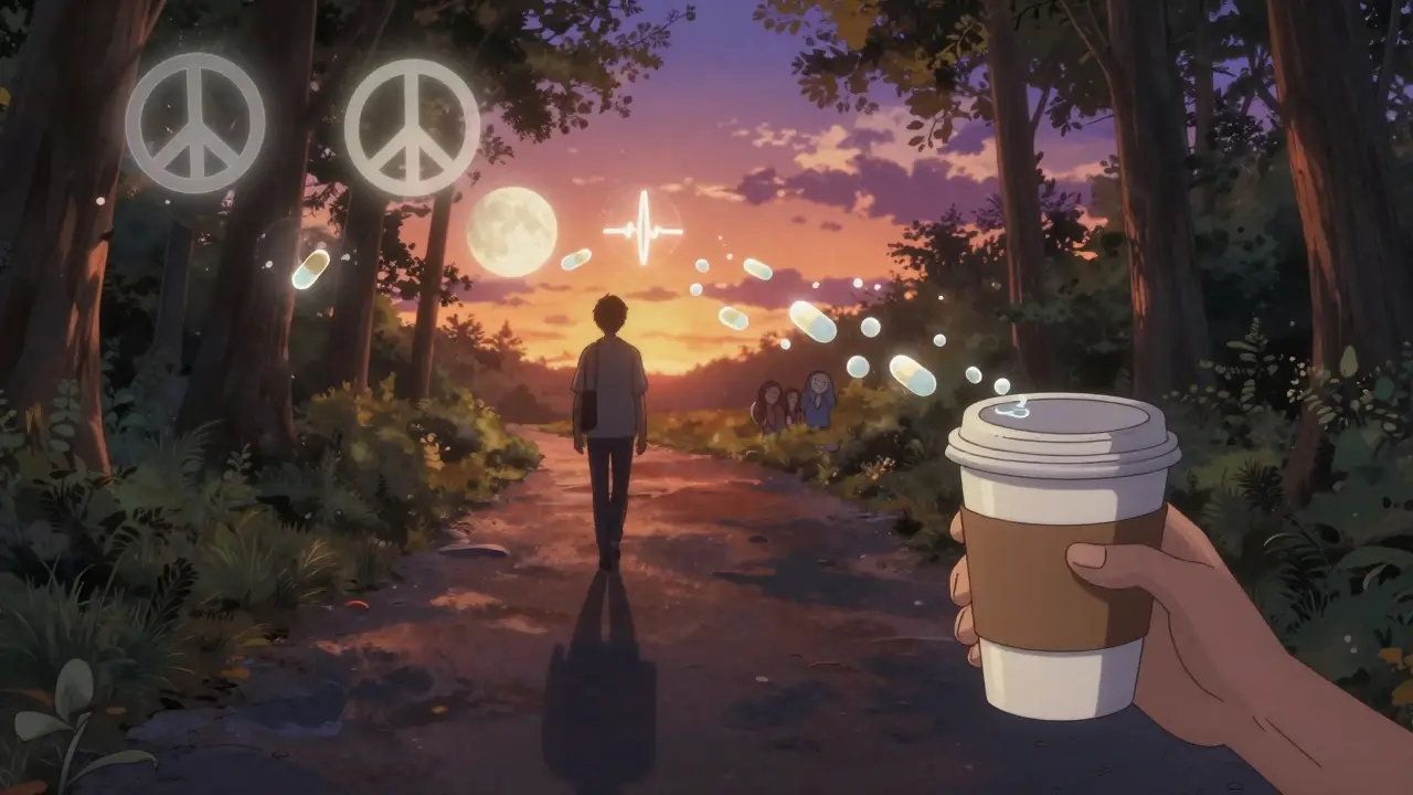 Person walking in forest as pills dissolve into symbols of peace and healing.