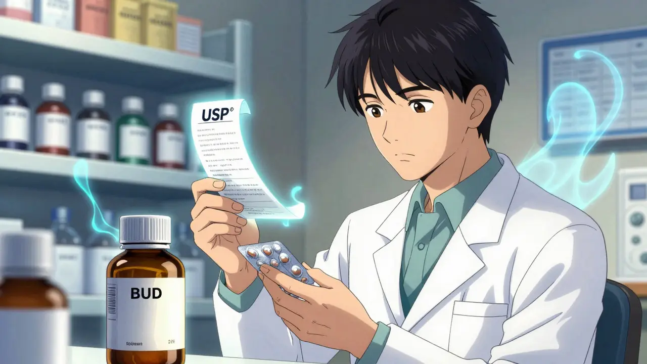 Pharmacist repackaging pills, with glowing USP guidelines above, original expiration fading as new BUD appears.