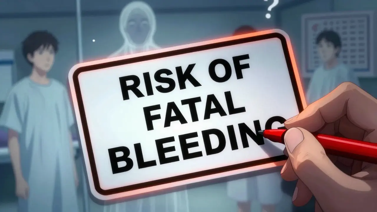 Prescription label with black boxed warning glowing, ghostly patient figures fading in background.