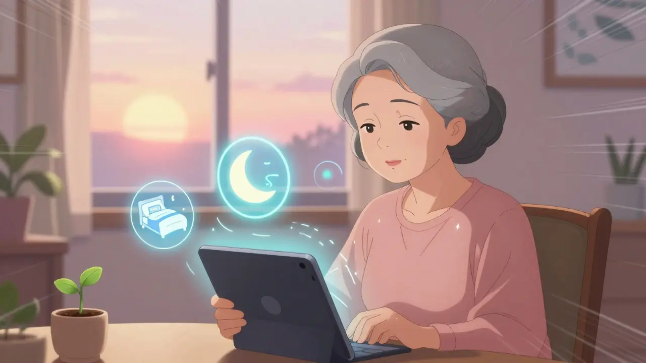 Senior woman using a tablet for CBT-I therapy, surrounded by calming sleep hygiene symbols in a cozy room.