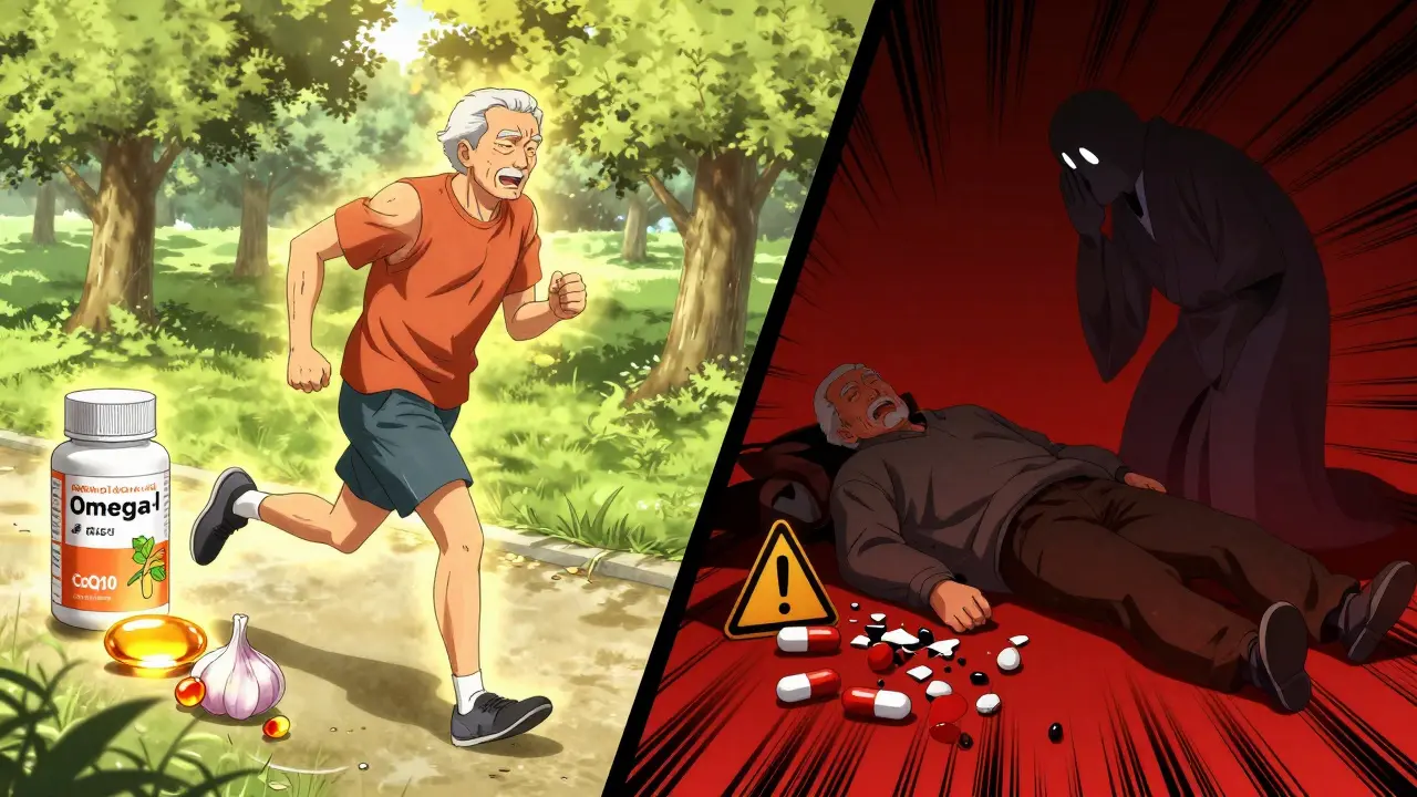 Split image: healthy man with safe heart supplements vs. same man collapsed amid dangerous herbs.