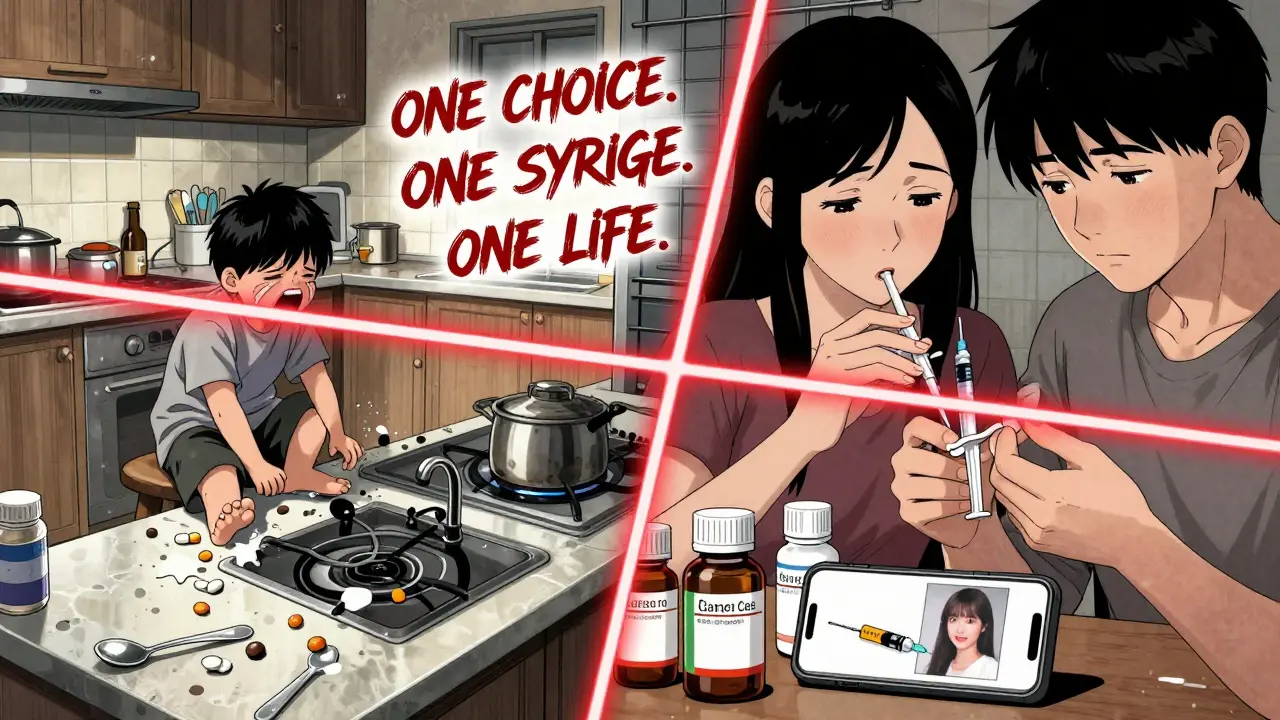 Split scene: chaotic kitchen with spoons vs calm family using syringes, highlighting the choice between error and safety.
