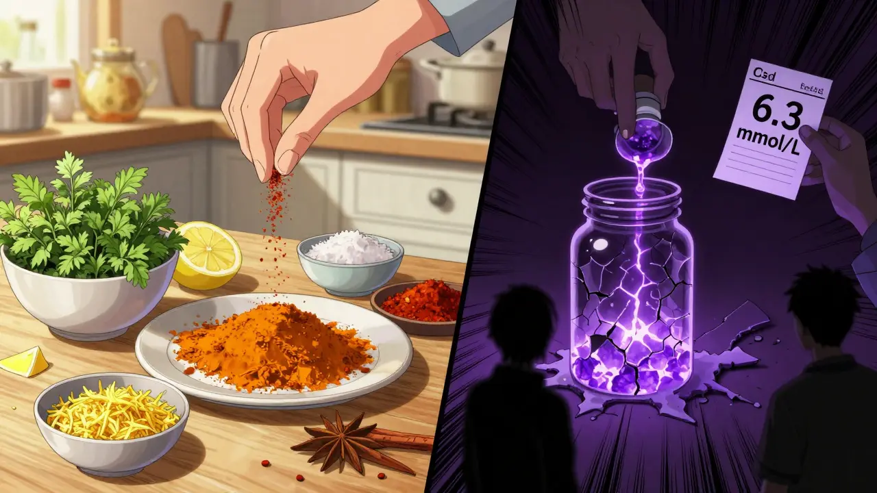 Split scene: healthy herbs on one side, dangerous potassium crystals on the other, contrasting safety and risk.