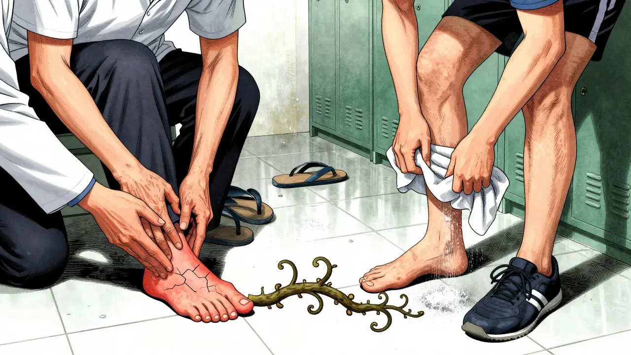 Split scene of diabetic person being cautioned and athlete preventing foot infection in locker room.