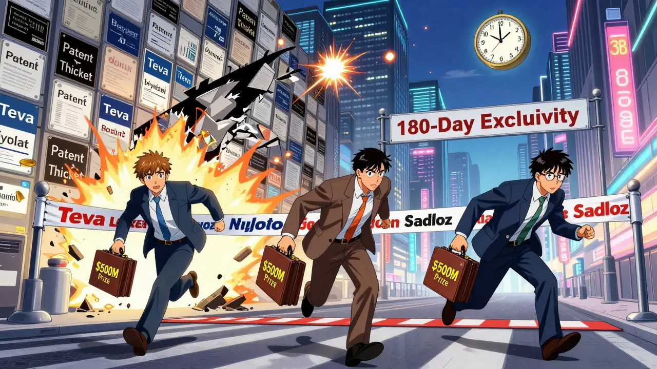 Three generic drug companies racing toward 180-day market exclusivity while a wall of patents crumbles behind them.