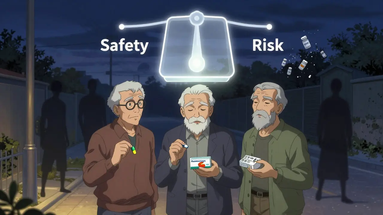 Three seniors holding safe sleep medications, with a glowing scale balancing safety against risky pills in the background.