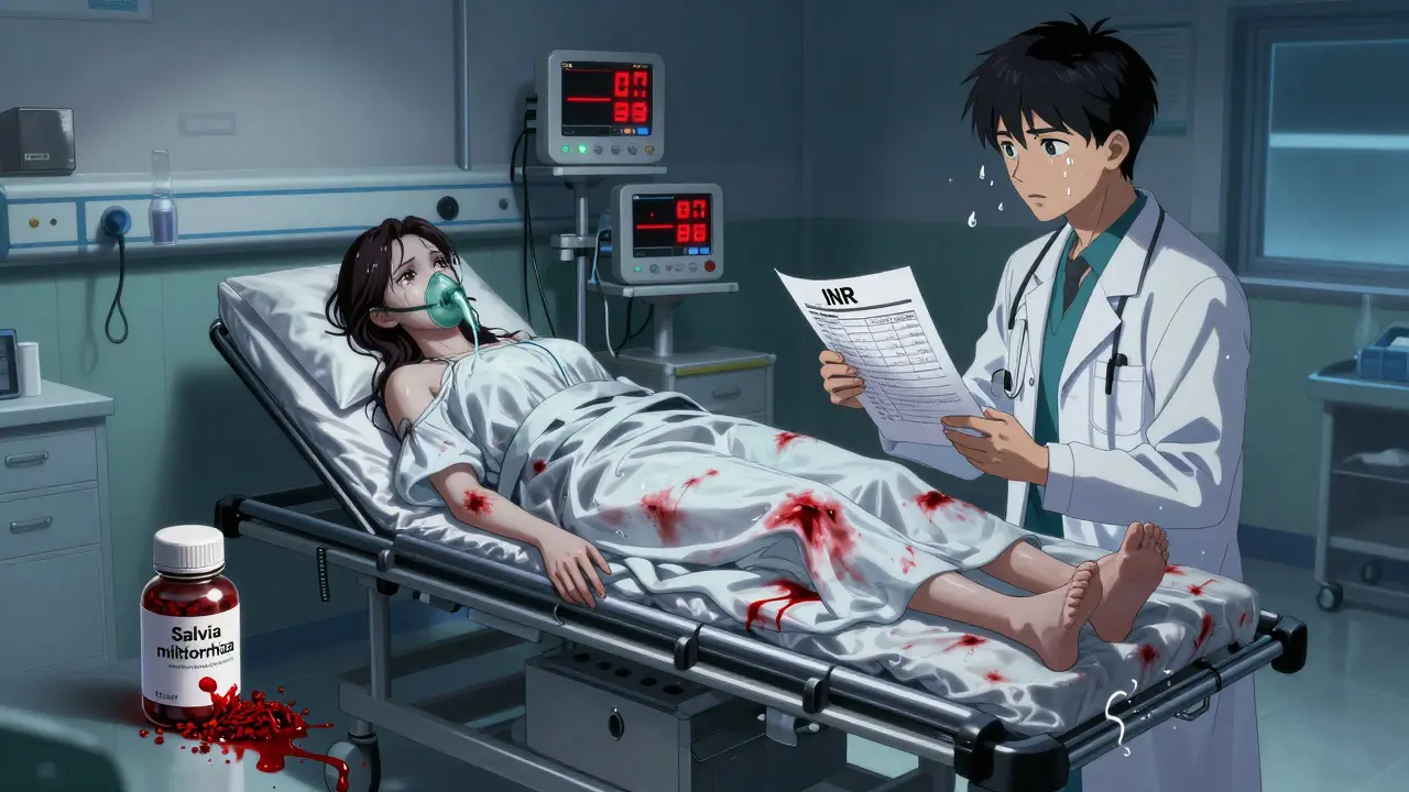 Woman in emergency room with bleeding and INR meter spiking, Danshen bottle spilled on floor.