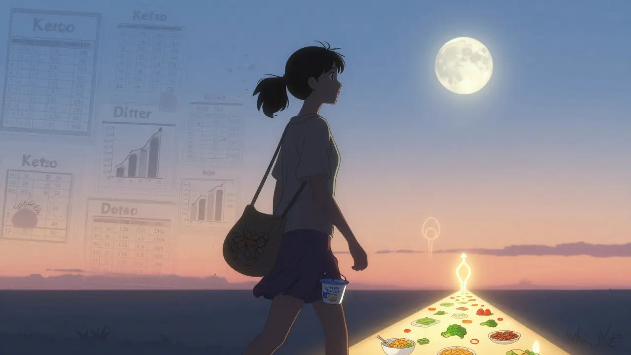 Woman walking at dusk with healthy snacks, past diets fading behind her, anime style.