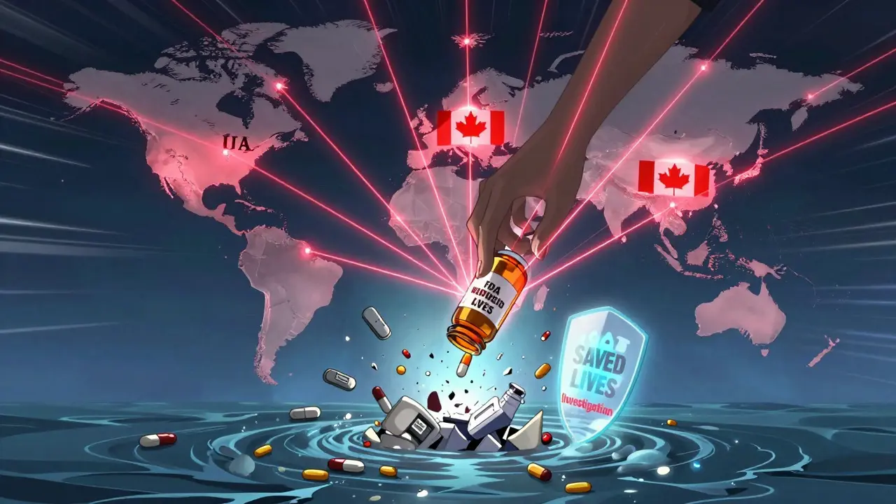 A global network of reports destroying counterfeit drugs, with a shield of protection rising.