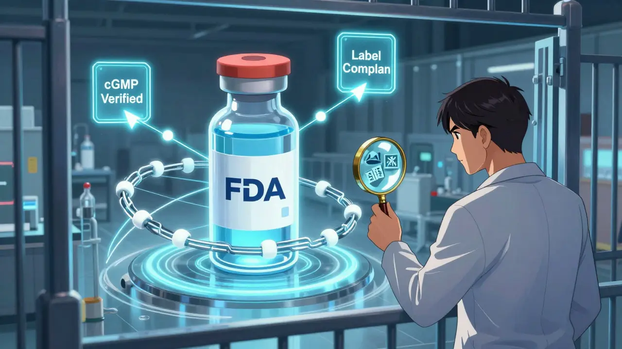 A medicine vial traveling through a blockchain network with compliance checkpoints glowing along its path.