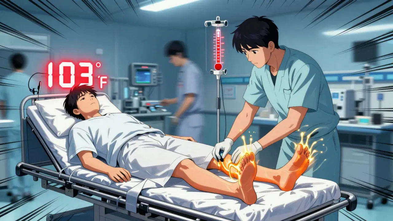 A patient in an ER with visible muscle spasms and high fever, being treated by medical staff.