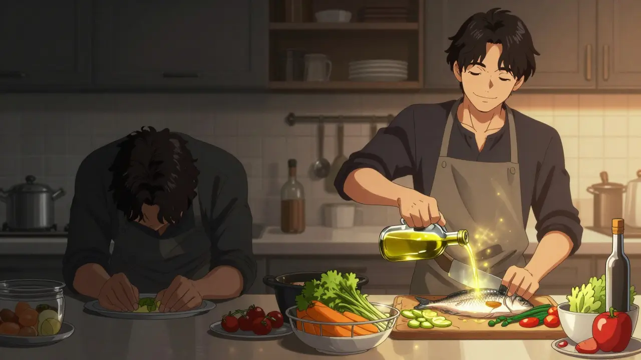 A person transitions from eating processed food to preparing a Mediterranean meal, with warm light symbolizing dietary improvement.