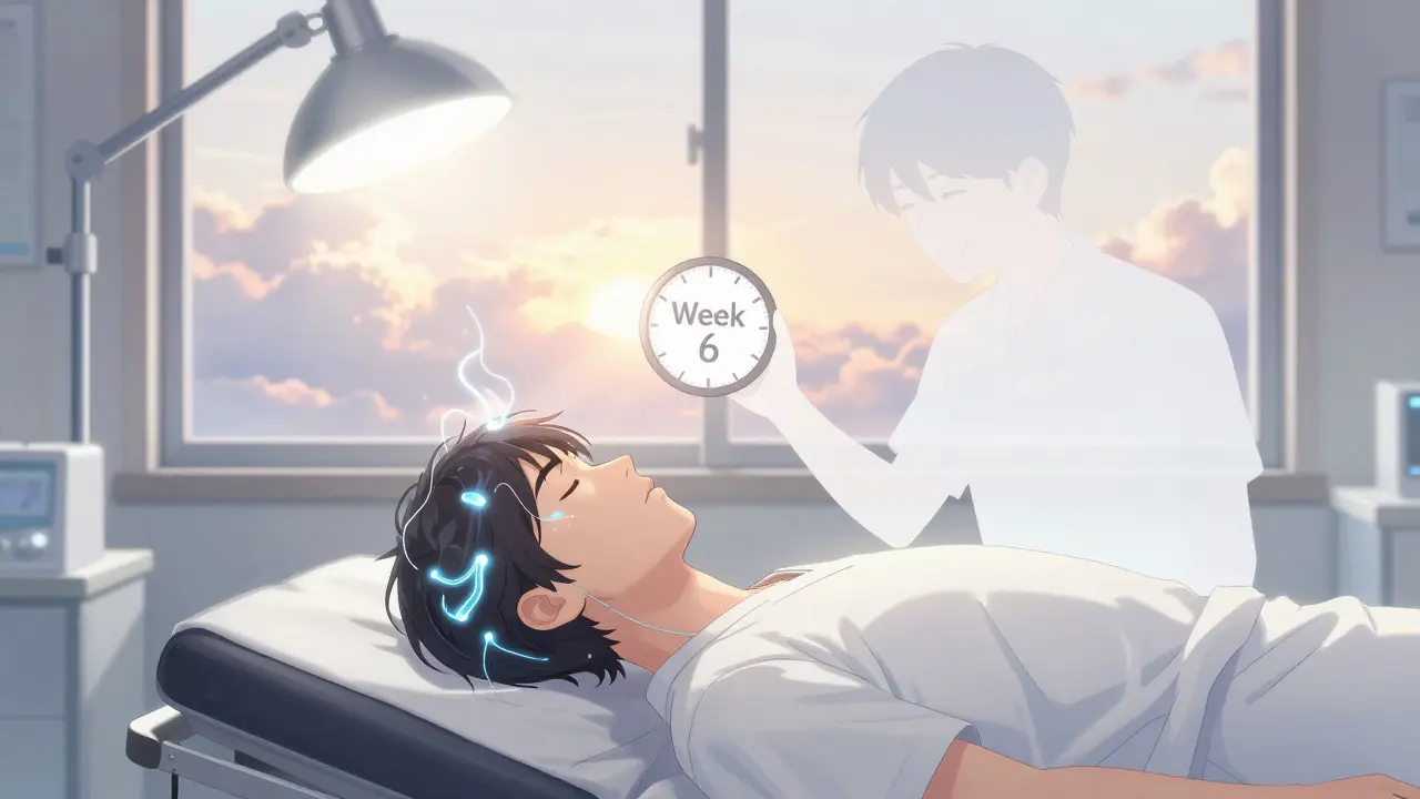 A person undergoes ECT therapy under soft light, with a translucent younger self smiling behind them as sunrise breaks outside.