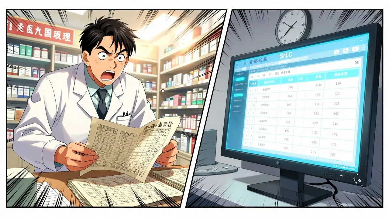 A pharmacist comparing old records with a digital FDA database screen, emphasizing urgency and outdated systems.