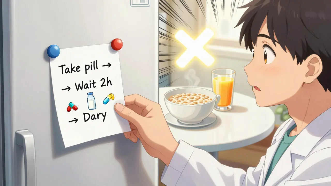 A pharmacist gives a patient a fridge note with timing instructions for antibiotics and dairy.