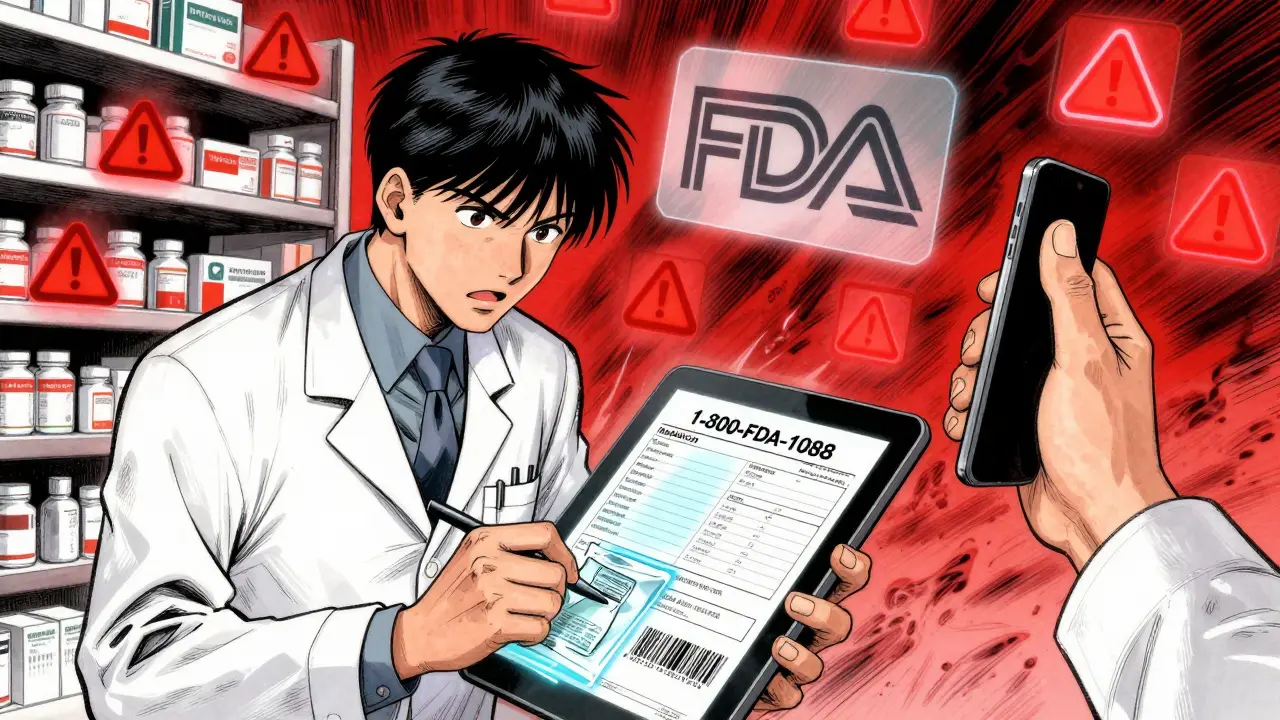 A pharmacist reporting fake medication using a digital form with holographic tracking data.