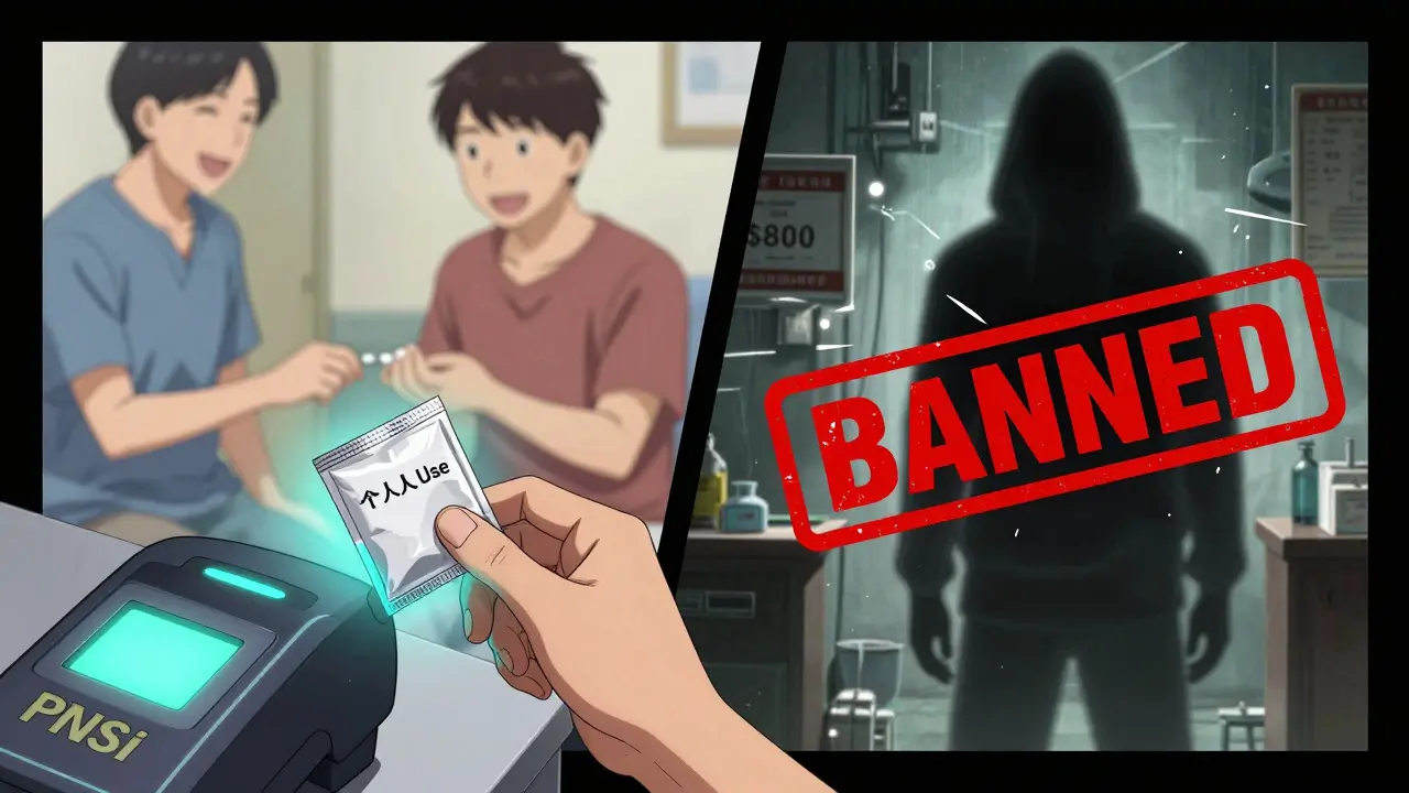 A small package being scanned by an FDA system, with contrasting images of safe medicine and counterfeit drugs.