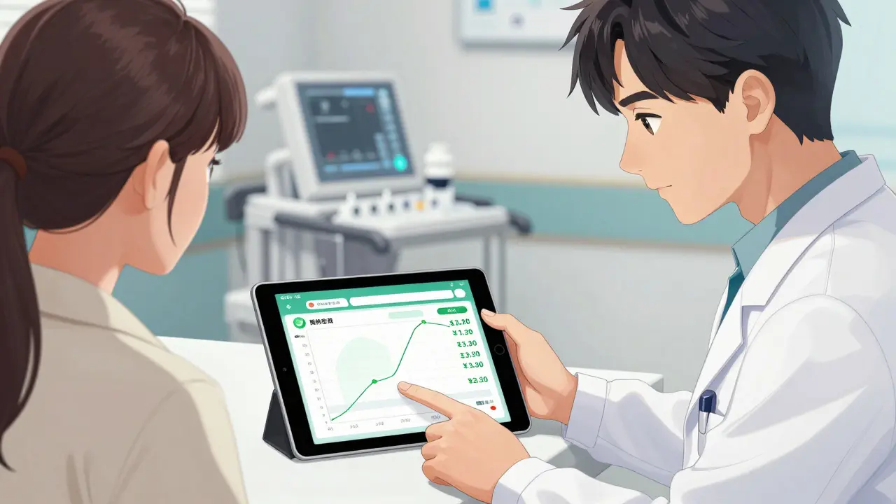 Doctor and patient reviewing medication cost data on tablet in clinic.