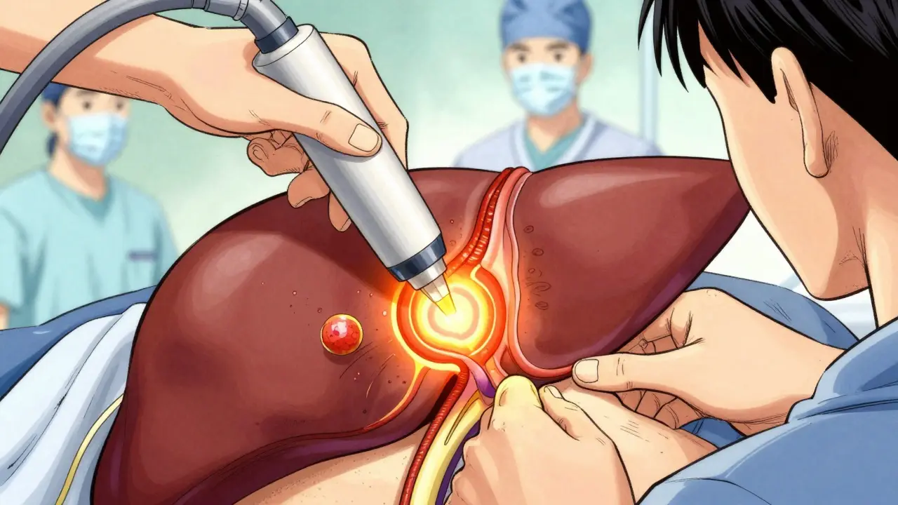 Heat probe destroying liver tumor during medical procedure.