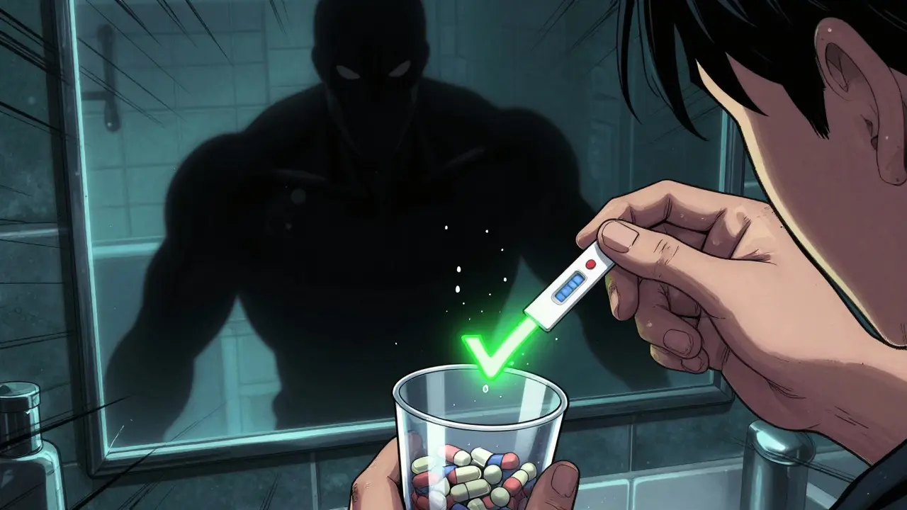 Person testing pills with a fentanyl strip in a bathroom, green checkmark visible, menacing fentanyl shadow looms behind.