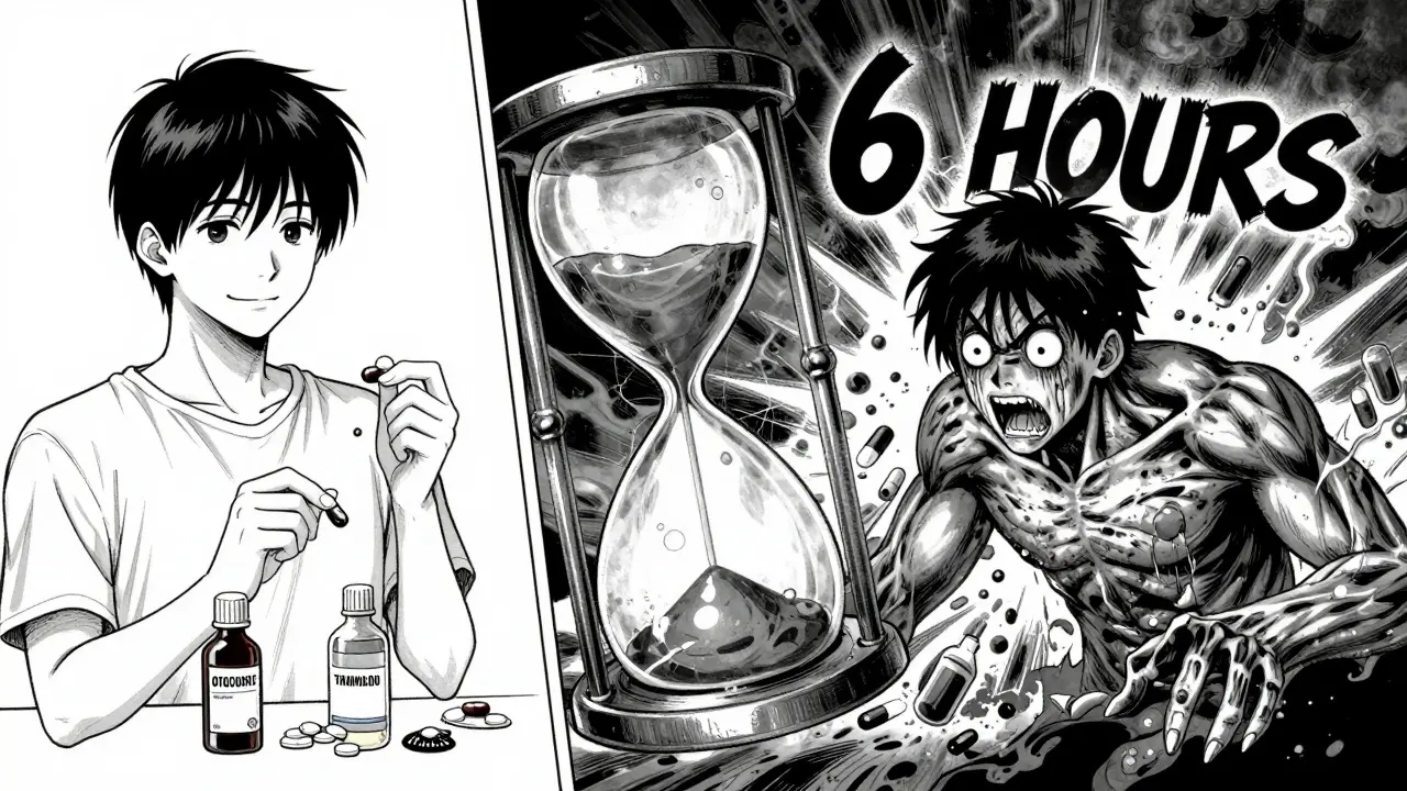 Split image: calm pill-taking vs. nightmare version with serotonin explosions and a ticking hourglass.