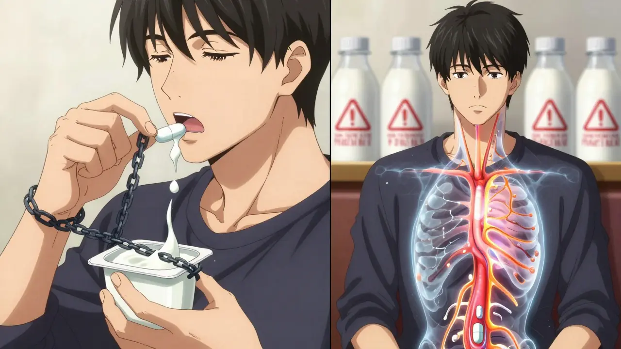 Split scene showing antibiotic blocked by calcium vs. properly absorbed into bloodstream.