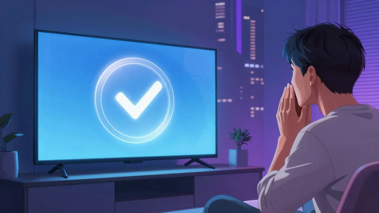 TV commercial displaying medication price symbol in living room.