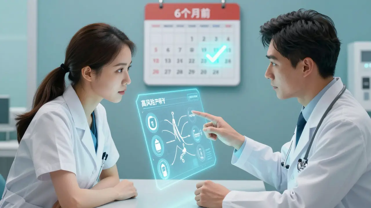 Woman consulting with doctor over a holographic chart showing safe and risky pregnancy medications.