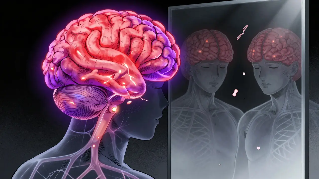 A brain with inflamed regions and dimming neural pathways, showing neuroinflammation and energy loss.