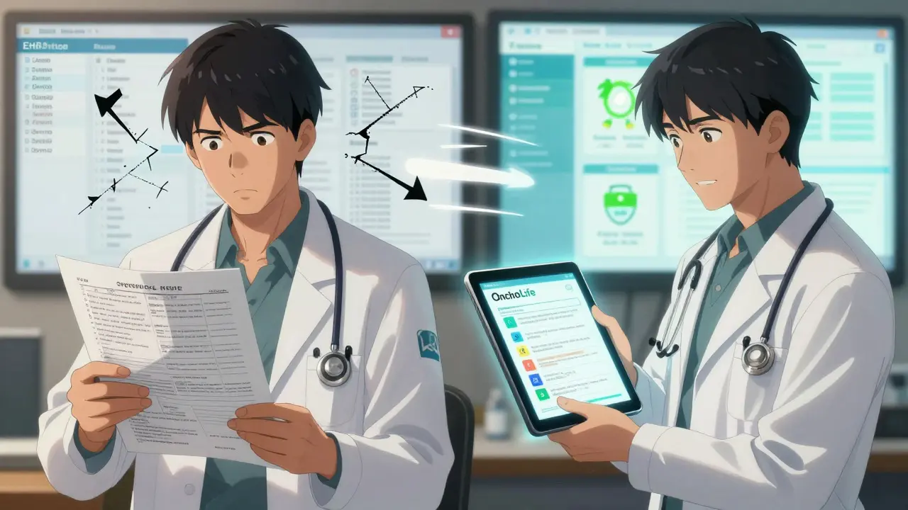 A doctor compares a chaotic medical chart with a clear survivorship plan, showing the transition from confusion to clarity.