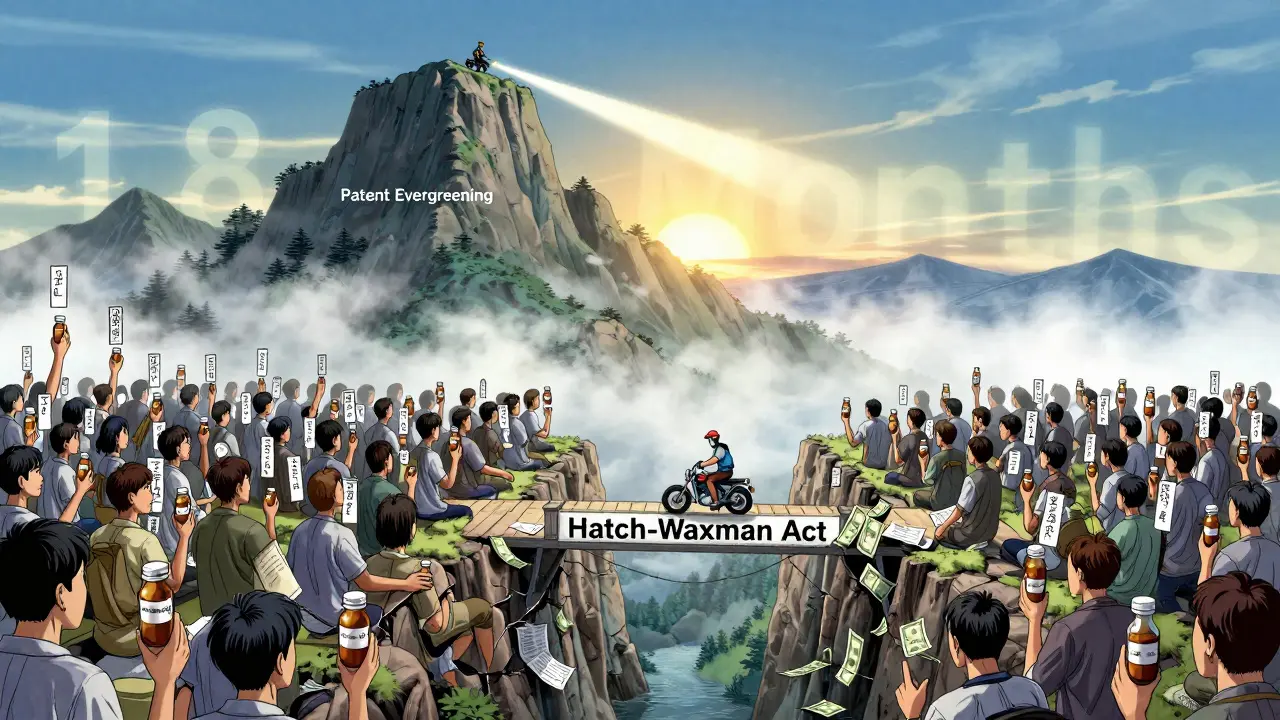 A mountain of patents towers over patients, with a fragile bridge of legal documents and a courier racing toward dawn labeled '18 Months'.
