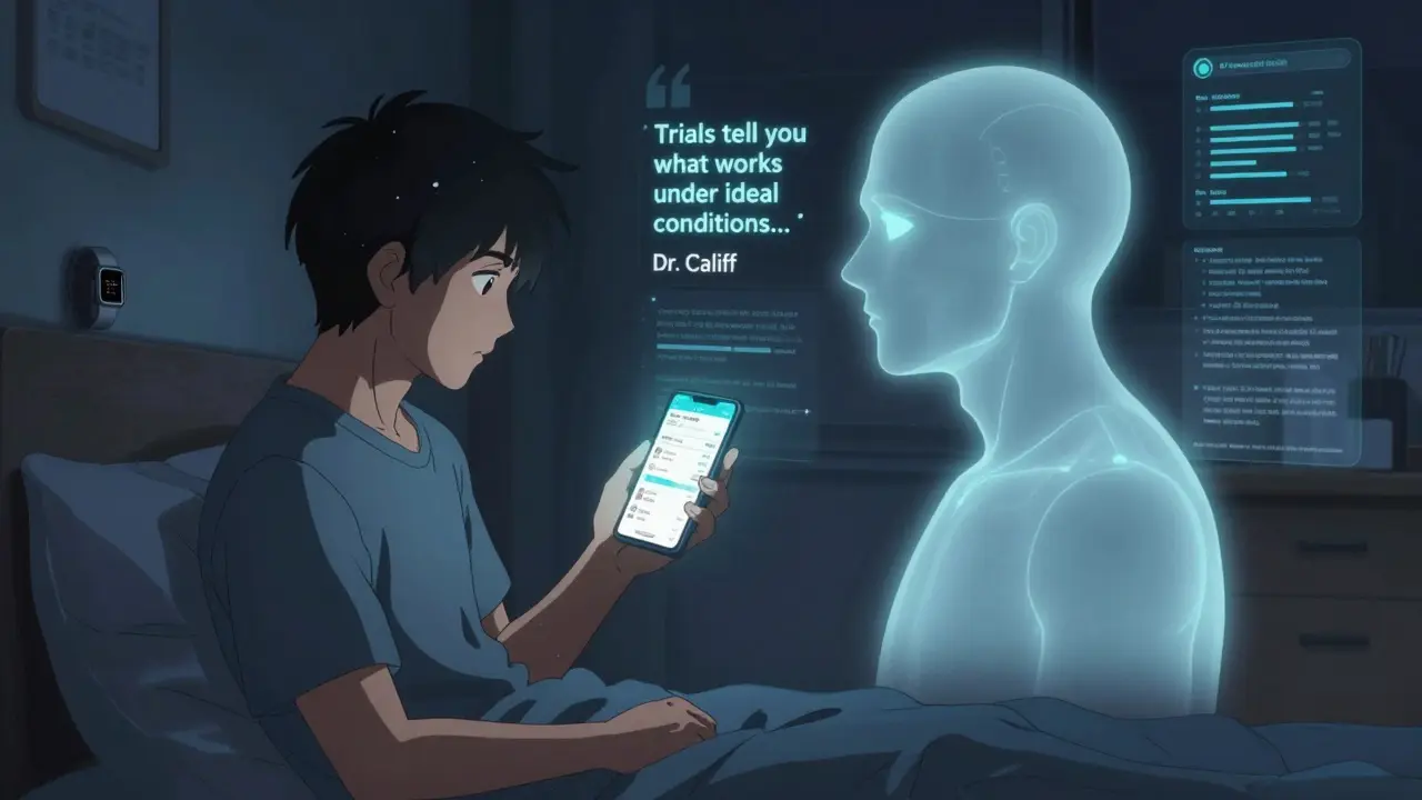 A patient at home logs side effects on a glowing app while their clinical trial profile fades away, with AI monitoring data in the background.