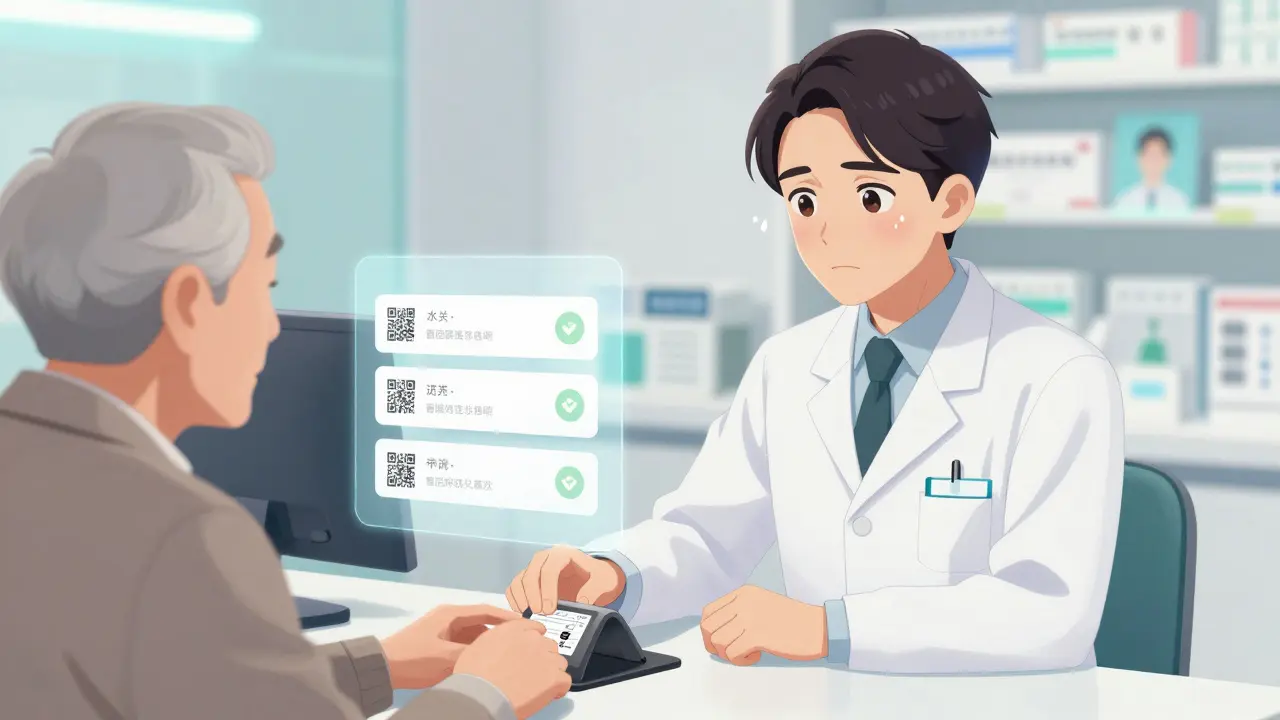 A pharmacy staff member helping a senior patient scan a prescription QR code with helpful digital overlays.