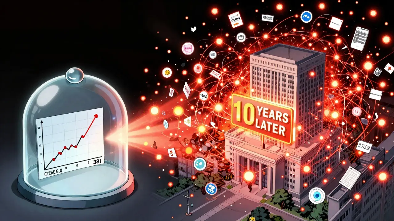 A small clinical trial graph under glass contrasted with a massive storm of real-world data points swirling around a government building.