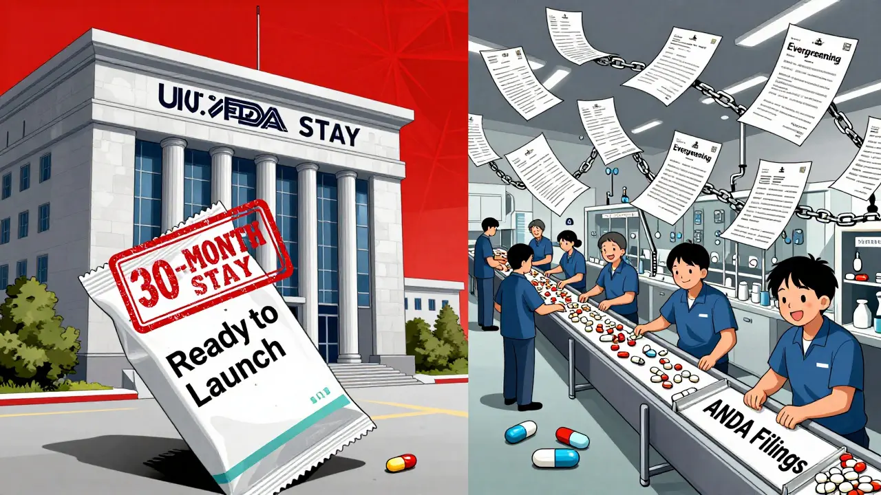 A split scene: FDA building crushed by a 30-month stay stamp vs. a Chinese factory producing generics with flowing ANDA filings.