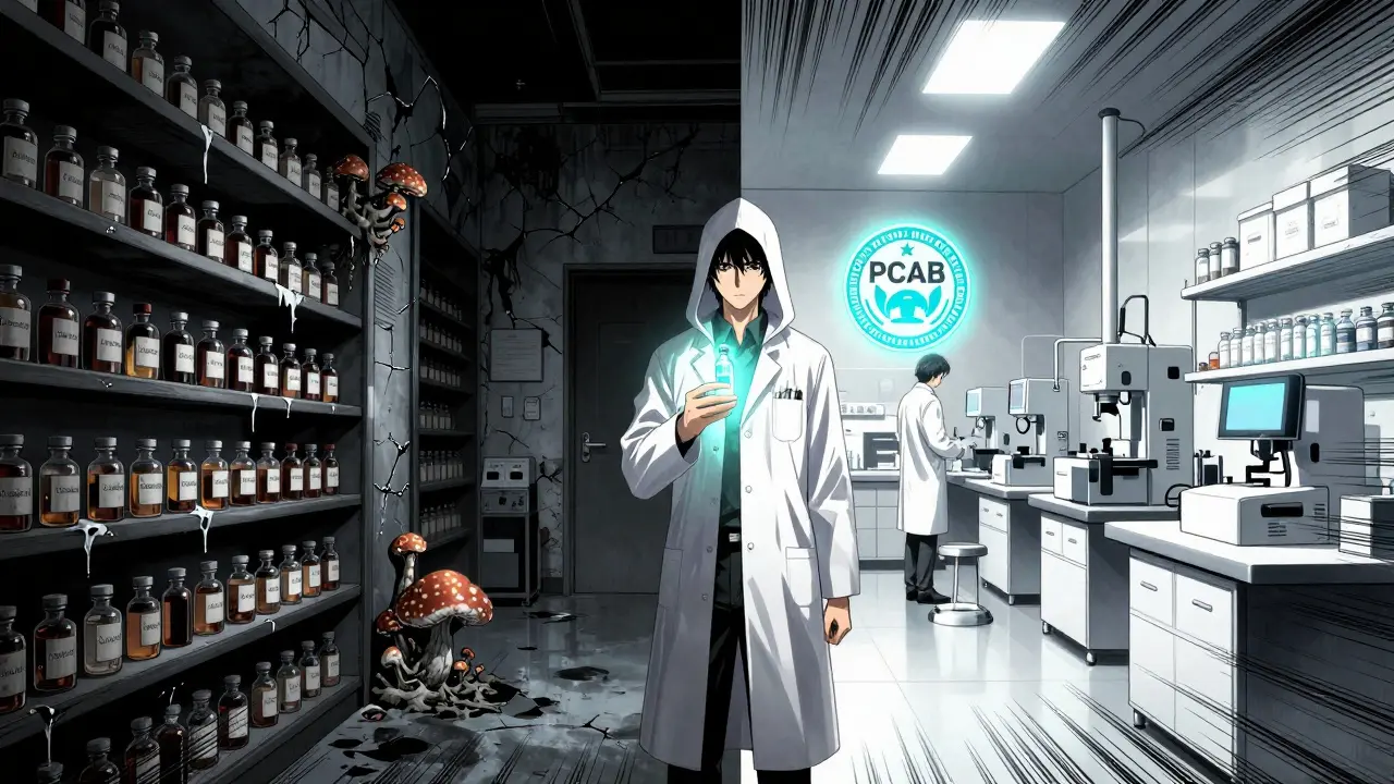 A split scene showing a dangerous, contaminated pharmacy versus a clean, accredited compounding lab with a pharmacist in between.