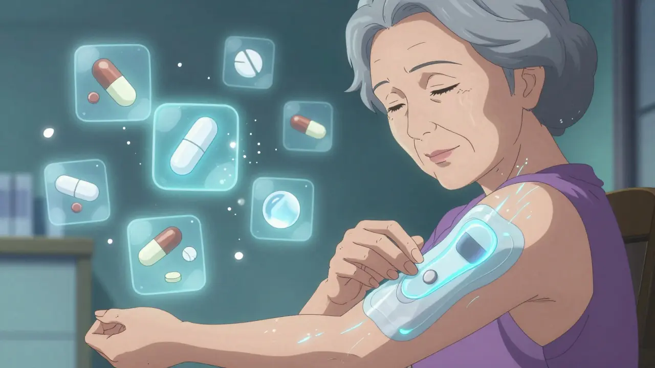 An elderly woman applying a transdermal gel as pills dissolve into dust around her, symbolizing improved absorption.
