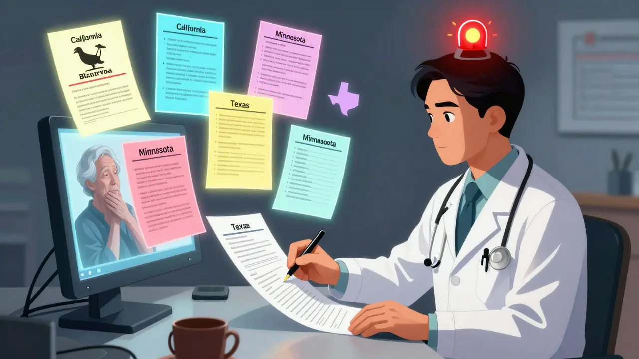 Doctor at a telehealth station surrounded by floating legal documents from different U.S. states, a red alarm pulsing above the screen.