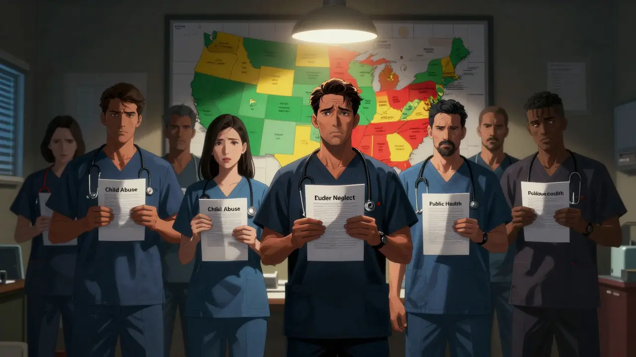 Healthcare workers in a break room holding reporting documents, illuminated by a single lamp, with a U.S. map behind them showing state law variations.