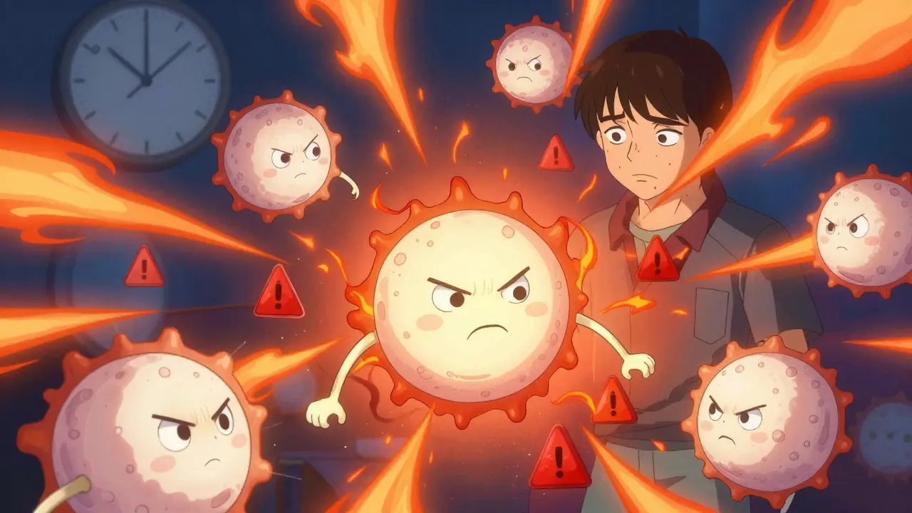 Immune system response with activated white blood cells showing inflammation