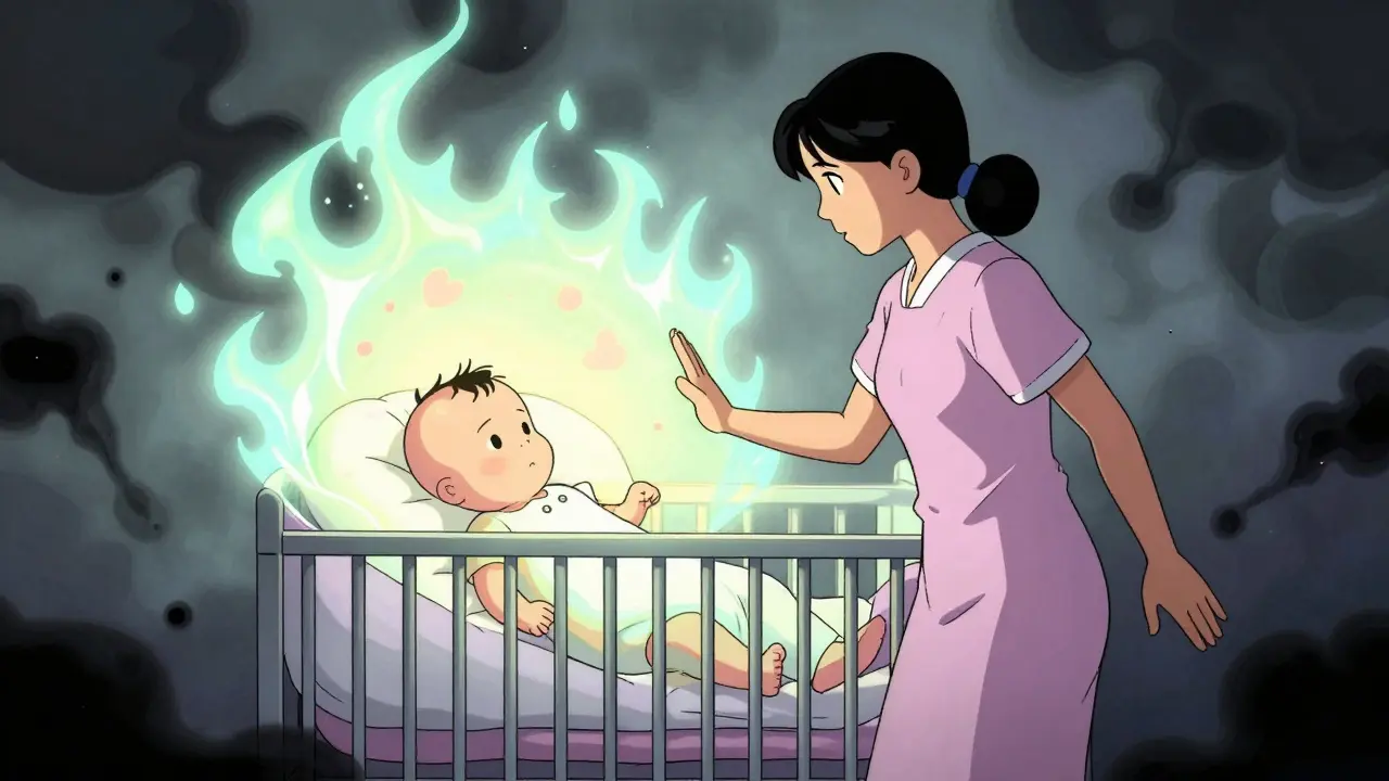 Mother creating protective barrier around baby from outside threats