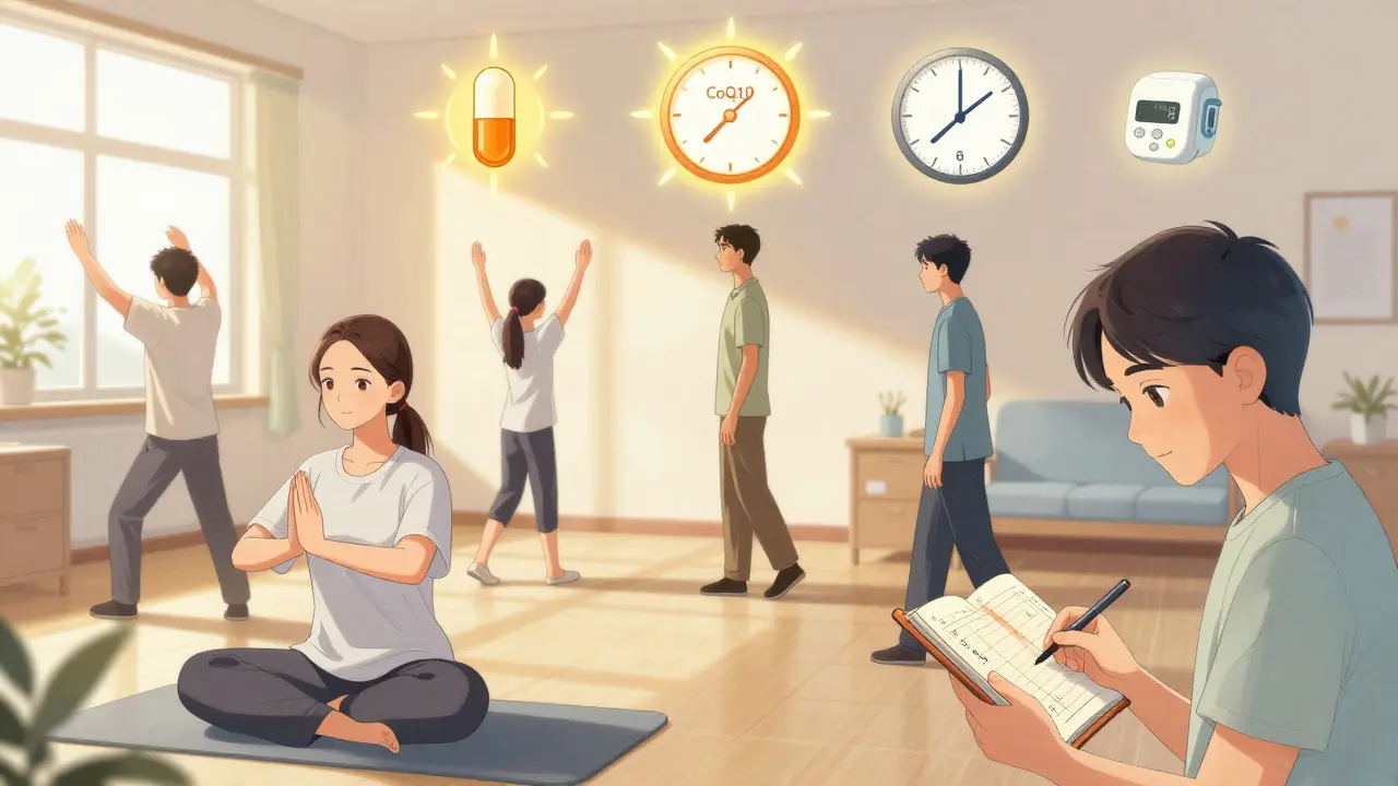 Patients practicing gentle pacing with glowing health symbols, representing science-backed fatigue management.