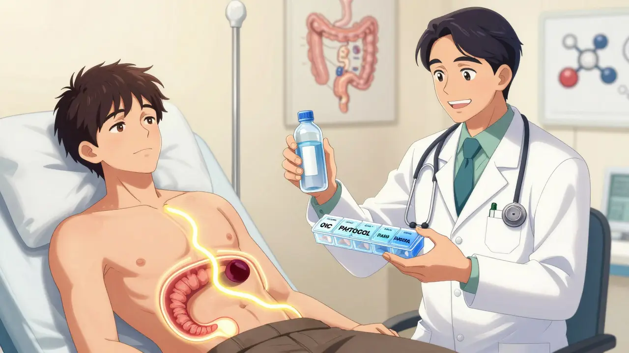 Pharmacist handing a patient a pill organizer for opioid-induced constipation treatment