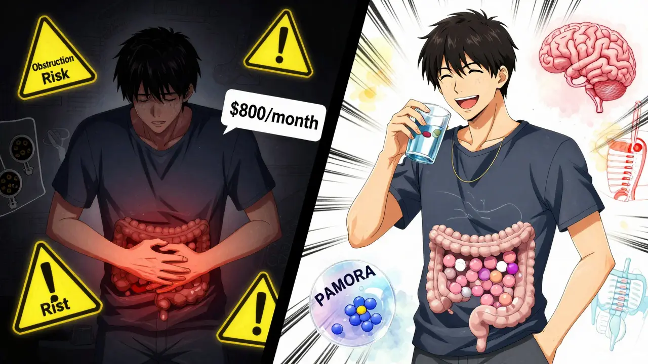 Split scene: patient suffering from constipation vs. relieved after taking PAMORA medication